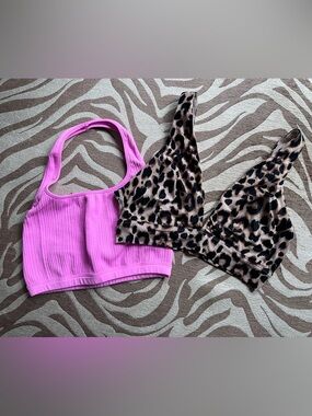 PINK and Victoria's Secret Hot Pink Ribbed Halter & Leopard Print Bralette Duo